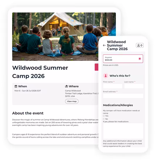 Camp landing page on a desktop screen and its ticket checkout page on a mobile screen