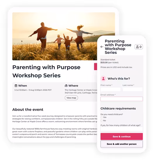 Workshop landing page on a desktop screen and its ticket checkout page on a mobile screen